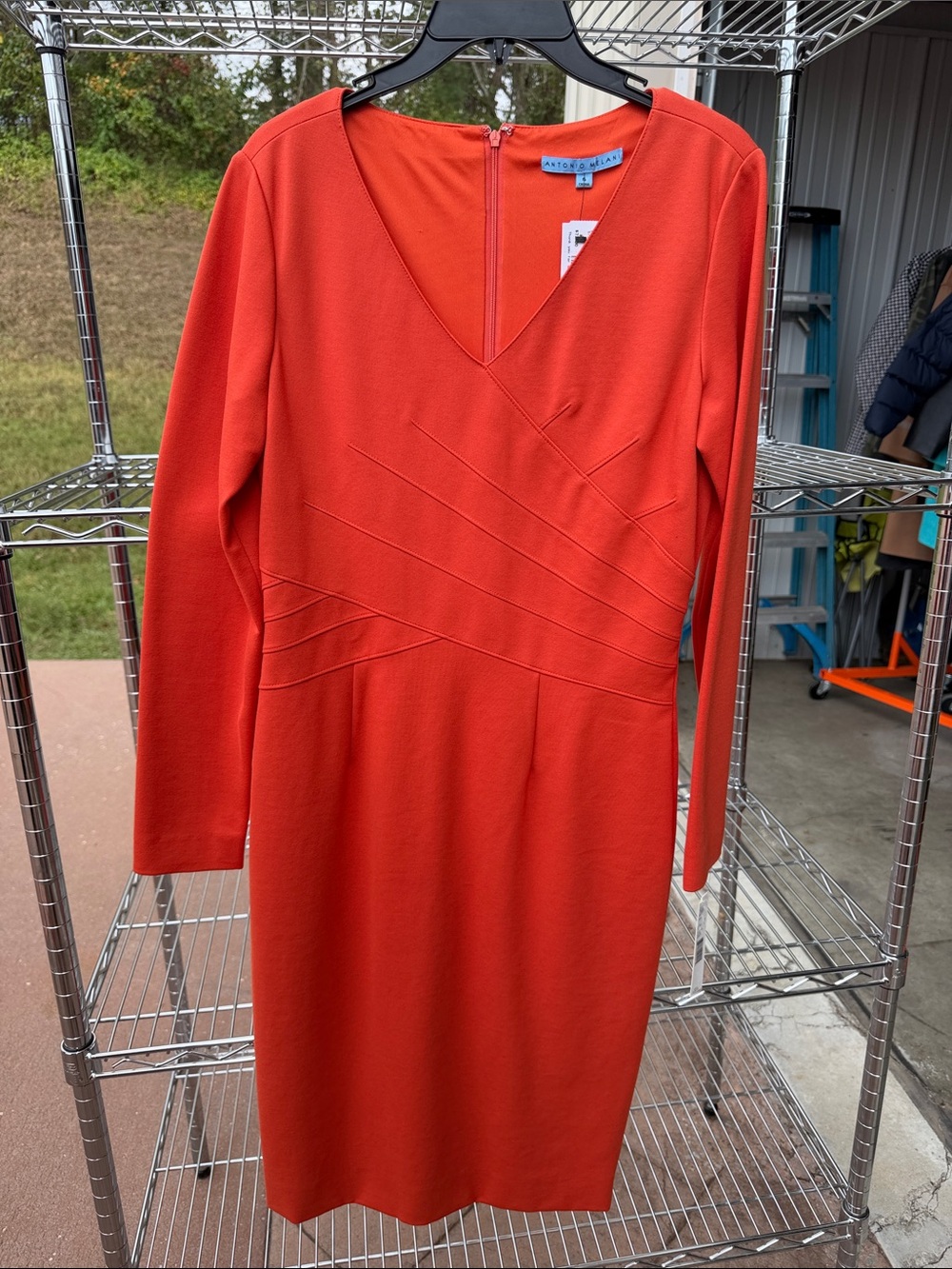 ANTONIO MELANI Bright Orange V-Neck Long Sleeve Midi Sheath Dress